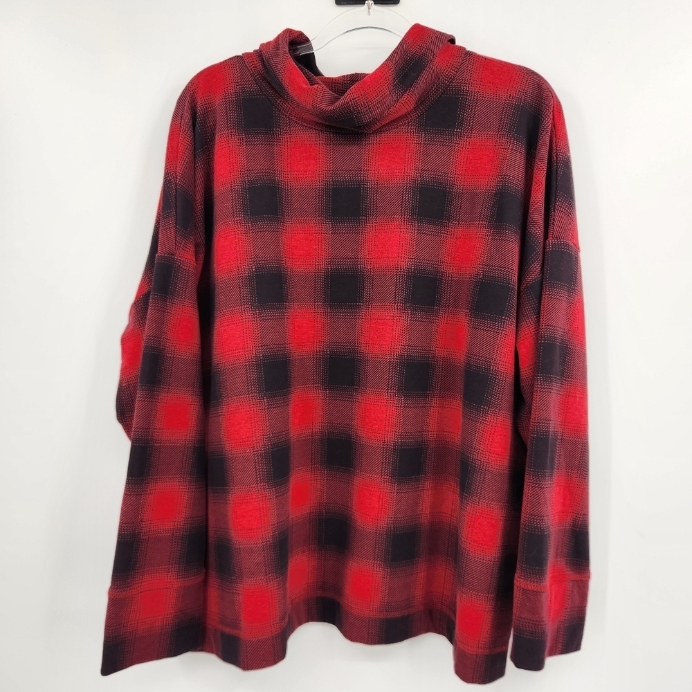 J. Jill Fit Long Sleeve Cowl Neck Top Womens Plus Size 2X Red Black Plaid